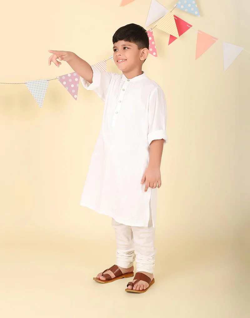 Fabindia White Cotton Chikankari Long Kurta