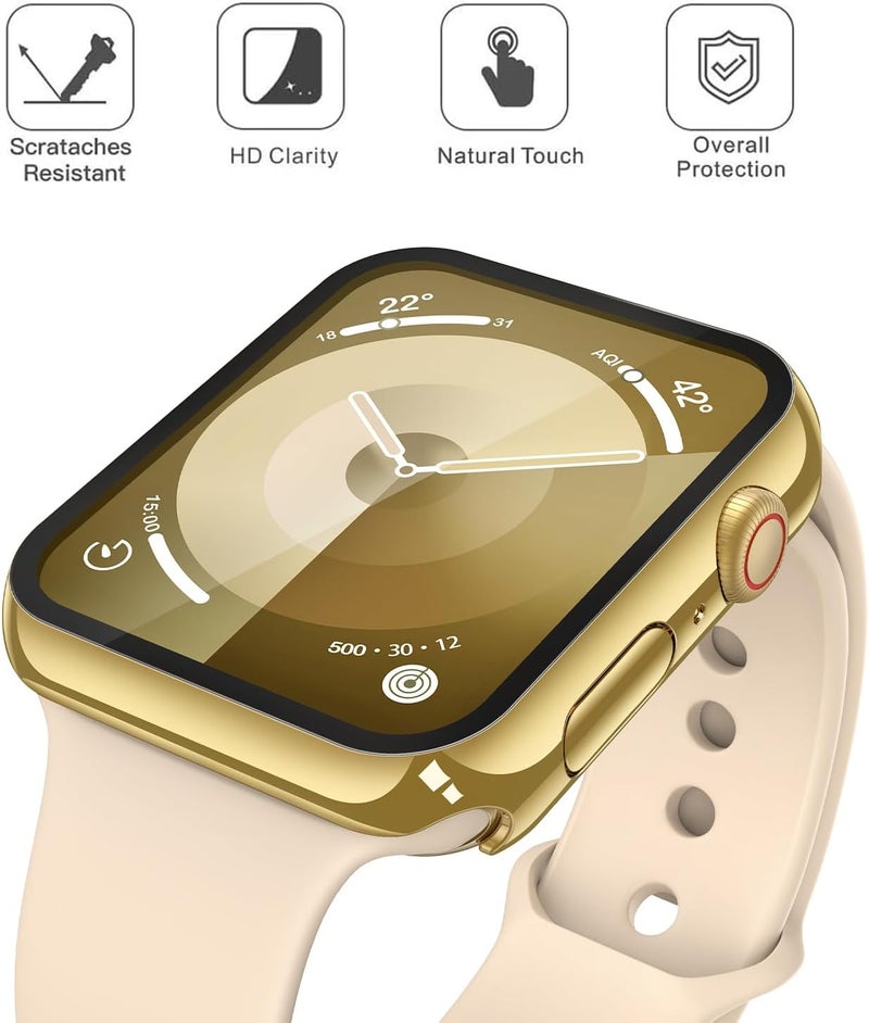 Misxi 2 Pack Tempered Glass Case Compatible for Apple Watch Series 9 Series 8 Series 7 45mm, Hard PC Screen Protector Overall Protection Scratch-Resistant Cover for iWatch, 1 Gold + 1 Transparent - Image 3