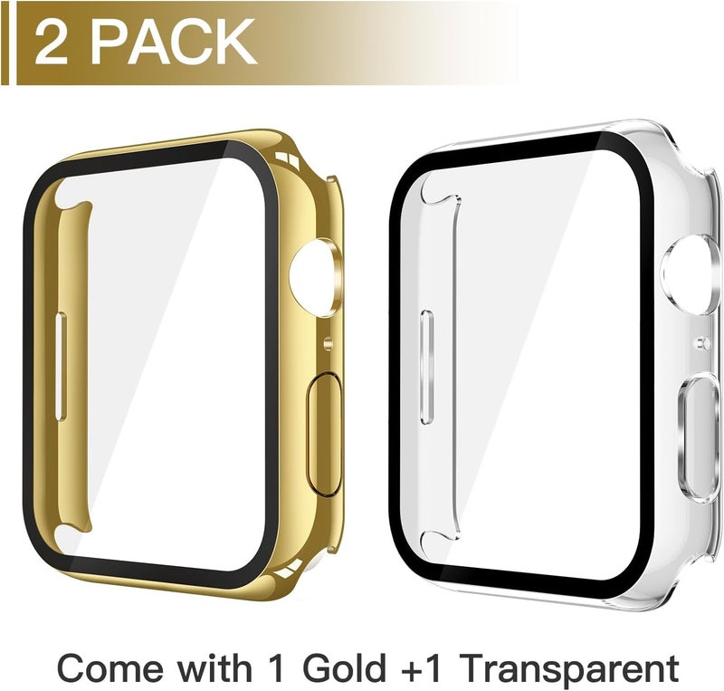 Misxi 2 Pack Tempered Glass Case Compatible for Apple Watch Series 9 Series 8 Series 7 45mm, Hard PC Screen Protector Overall Protection Scratch-Resistant Cover for iWatch, 1 Gold + 1 Transparent - Image 2