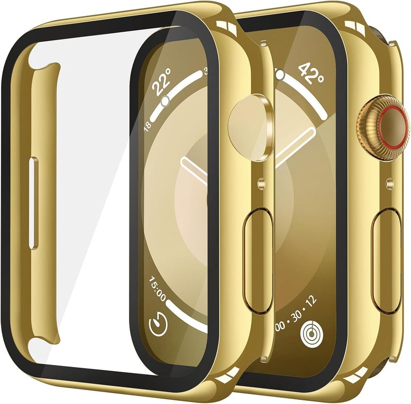 Misxi 2 Pack Tempered Glass Case Compatible for Apple Watch Series 9 Series 8 Series 7 45mm, Hard PC Screen Protector Overall Protection Scratch-Resistant Cover for iWatch, 1 Gold + 1 Transparent - Image 1