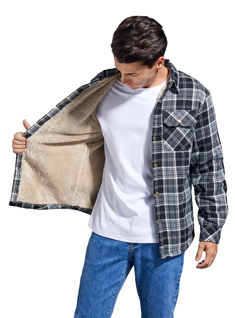Puwasa Mens Plaid Flannel Jacket Sherpa Lined Warm Fleece Lightweight Jacket Button Up Pocket Jacket for Man Black Small - Image 2