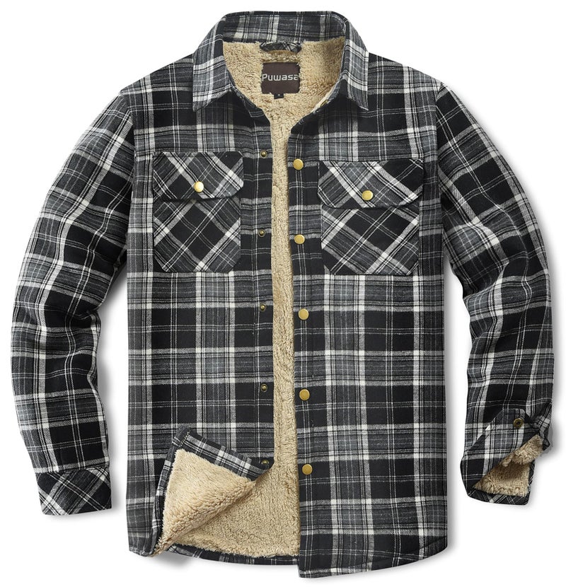 Puwasa Mens Plaid Flannel Jacket Sherpa Lined Warm Fleece Lightweight Jacket Button Up Pocket Jacket for Man Black Small - Image 1