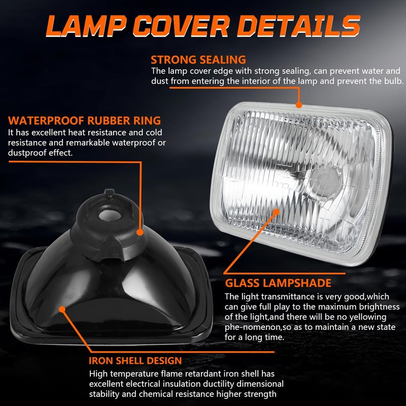 IHNZCB 7X6 Inch H6054 Glass Square Headlight Housing + H4/9003 High Low Beam Bulbs for Cars,Truck and Van,Halogen Sealed High Low Dual Beam,OEM Style Original Classic Look Conversion Assembly Pair Kit - Image 2