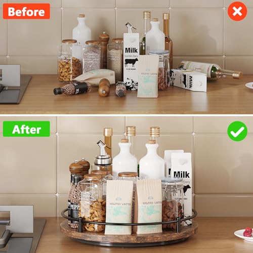 KOKSTOP Lazy Susan Organizer：9 Inch Rotating Spice Rack for Kitchen Countertop Round Wooden Turntable Holder for Cabinet, Dining Table, Cupboard Storage – Black - Image 4