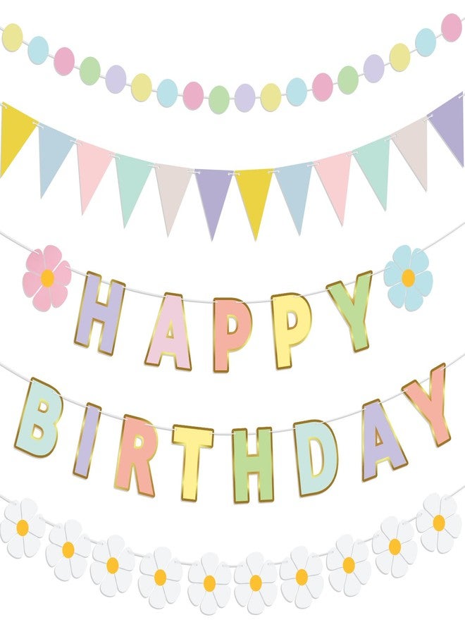 مجموعة سينلود من 5 قطع من لافتات حفلات أعياد الميلاد بتصميم زهور الأقحوان والماكارون، لافتة ملونة لحفلات أعياد الميلاد مع لافتات مثلثة، لافتة عيد ميلاد بألوان قوس قزح، زينة عيد ميلاد بزهرة الأقحوان، لوازم خلفية لحفلات أعياد الميلاد - Image 1