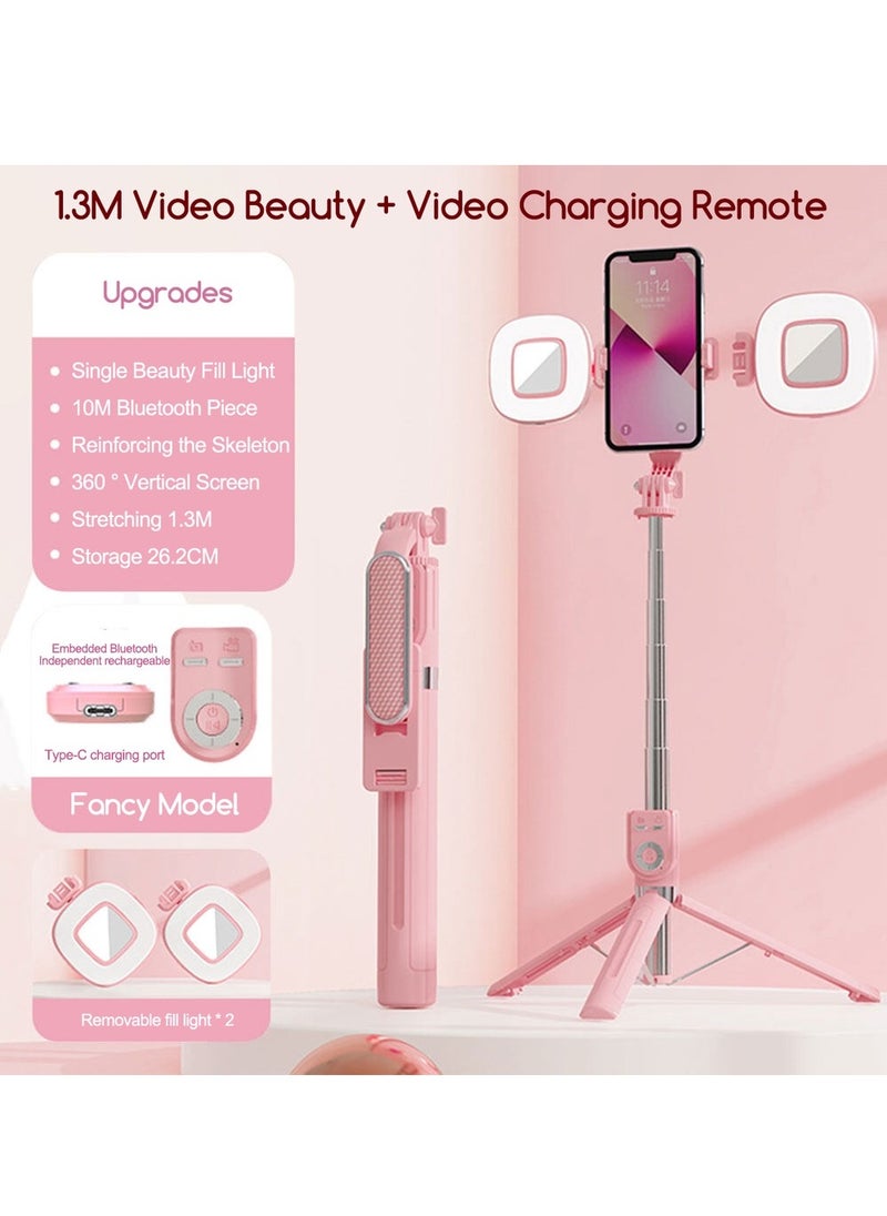 Generic - Stainless Steel Material Selfie Stick with Wireless Remote and Dual Lights, for i Phone/Android, Pink, 1.3 Meters - Image 1