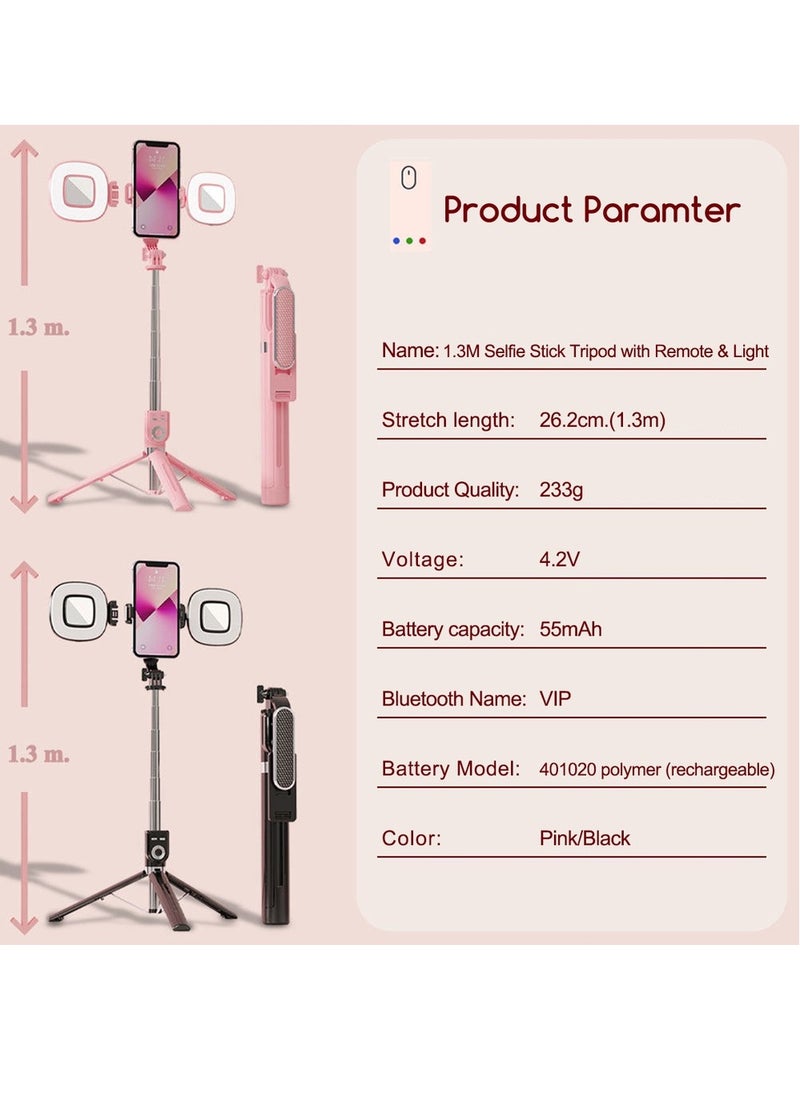 Generic - Stainless Steel Material Selfie Stick with Wireless Remote and Dual Lights, for i Phone/Android, Pink, 1.3 Meters - Image 1