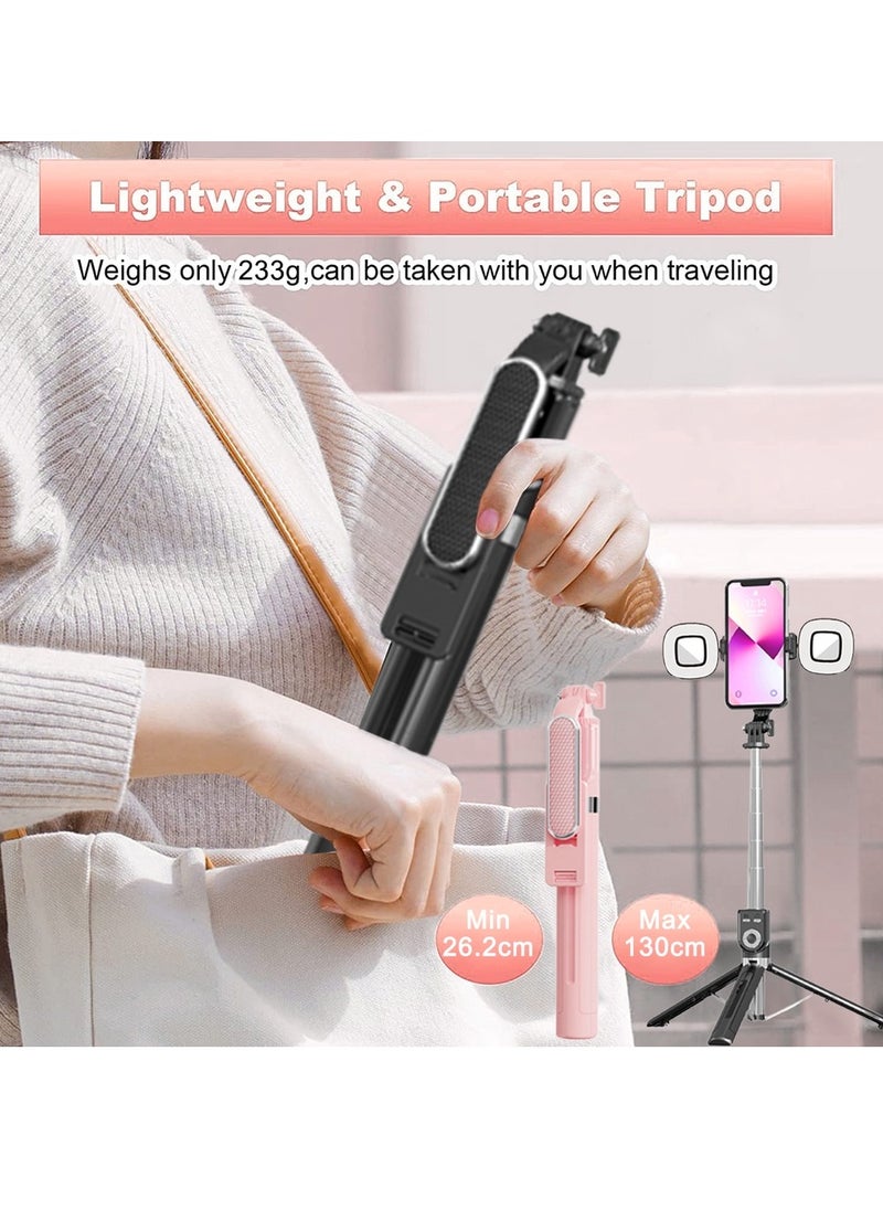 Generic - Stainless Steel Material Selfie Stick with Wireless Remote and Dual Lights, for i Phone/Android, Pink, 1.3 Meters - Image 1