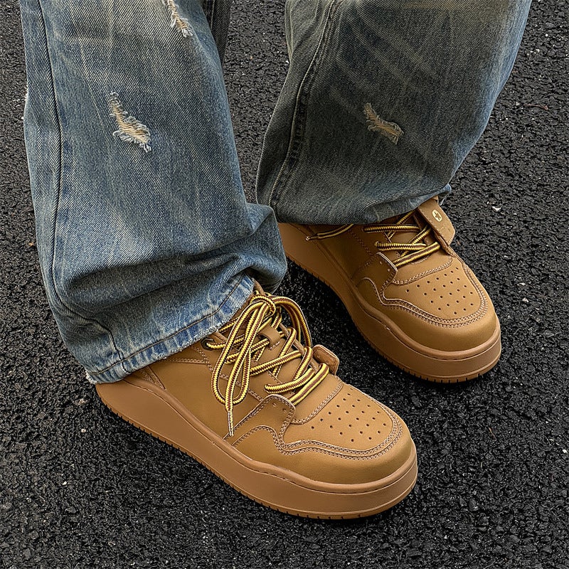 Niche Design High Street Maillard Couple Sneakers Solid Color Lace-Up Versatile Thick-Soled Height-Increasing Casual Sneakers - Image 2