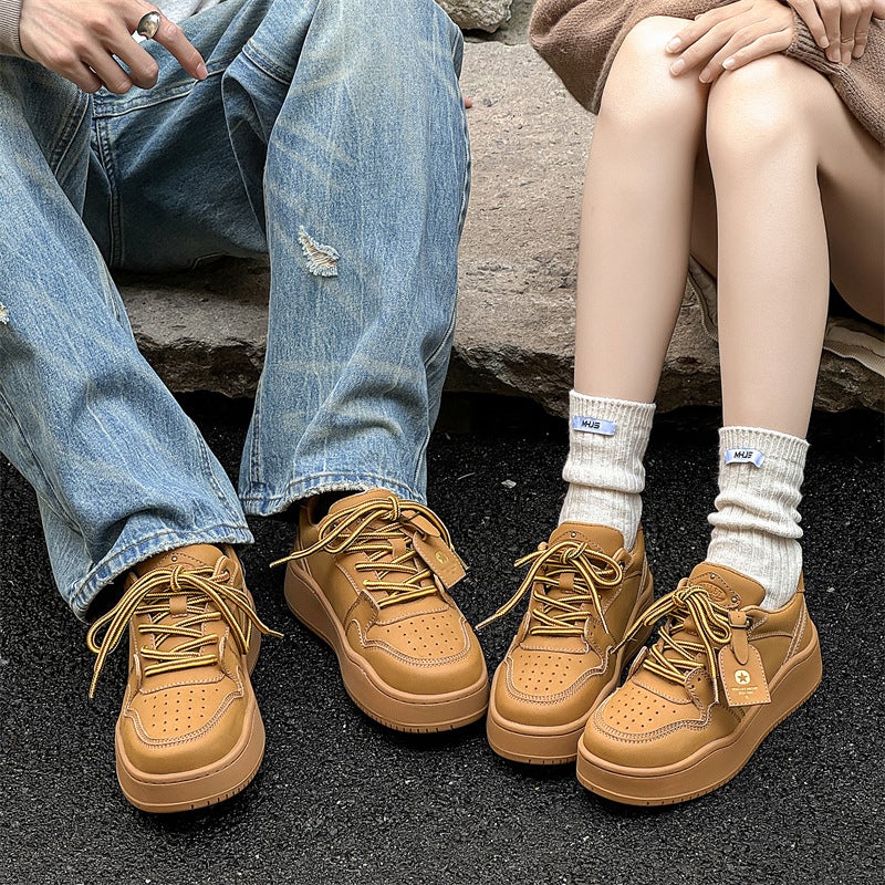 Niche Design High Street Maillard Couple Sneakers Solid Color Lace-Up Versatile Thick-Soled Height-Increasing Casual Sneakers - Image 3