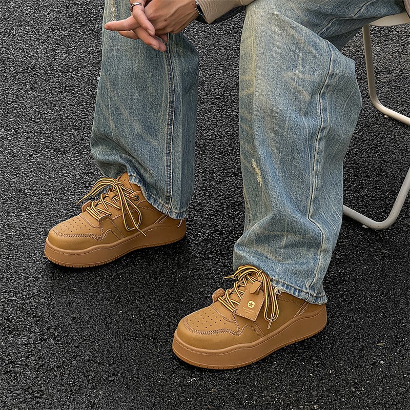 Niche Design High Street Maillard Couple Sneakers Solid Color Lace-Up Versatile Thick-Soled Height-Increasing Casual Sneakers - Image 4