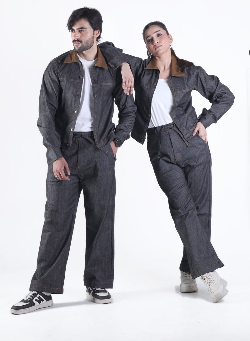 Ambittrends Unisex Dark Denim Co-Ord Set with Contrast Collar - Image 1