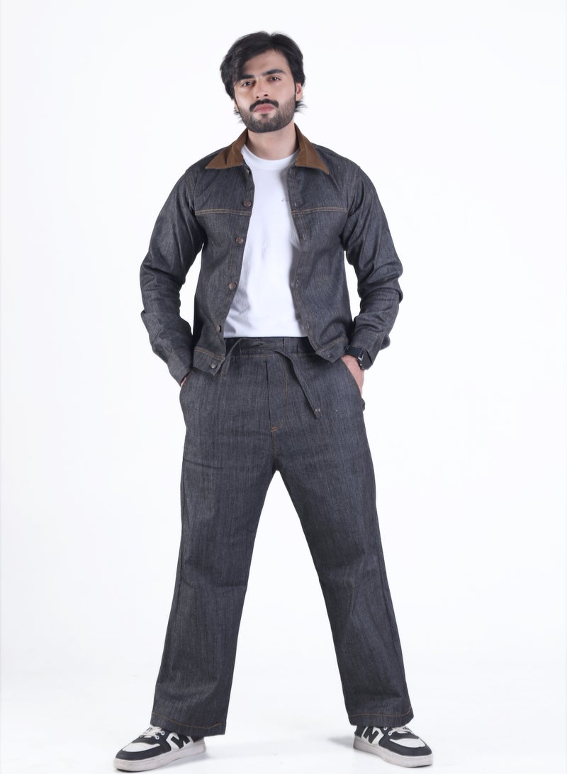 Ambittrends Unisex Dark Denim Co-Ord Set with Contrast Collar - Image 3