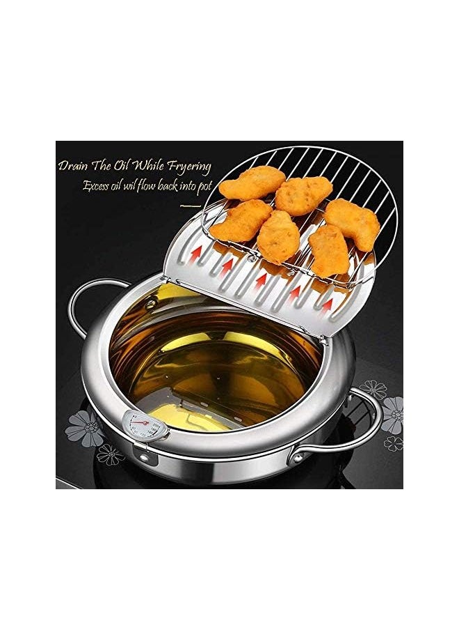 Fryer Pot,304 Stainless Steel Tempura Frying Pot With Thermometer And Oil Drip Drainer Rack Lid for Turkey Legs, Chicken Wings, French Fries (Siver)