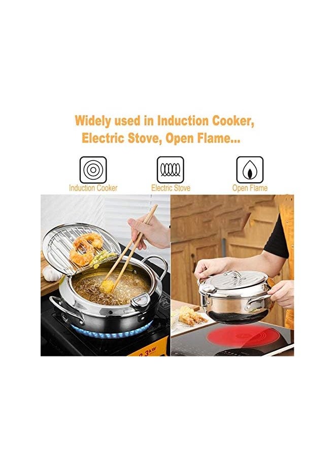 Fryer Pot,304 Stainless Steel Tempura Frying Pot With Thermometer And Oil Drip Drainer Rack Lid for Turkey Legs, Chicken Wings, French Fries (Siver)