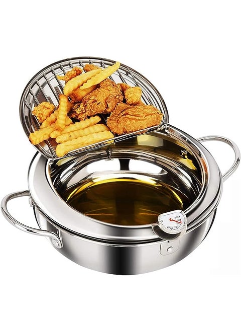 Fryer Pot,304 Stainless Steel Tempura Frying Pot With Thermometer And Oil Drip Drainer Rack Lid for Turkey Legs, Chicken Wings, French Fries (Siver)