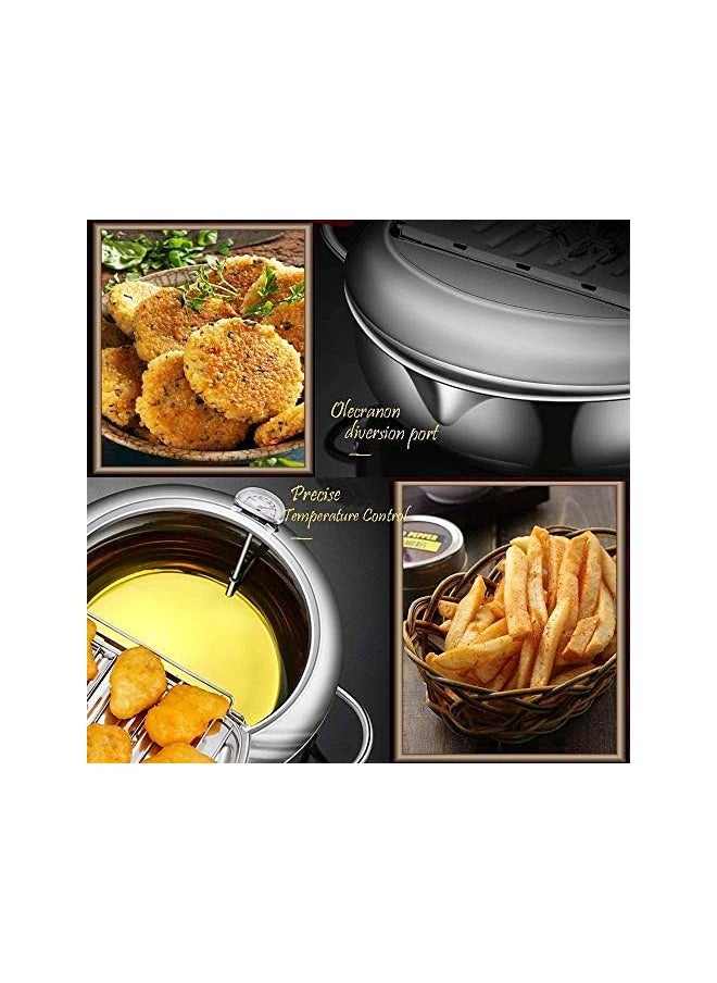 Fryer Pot,304 Stainless Steel Tempura Frying Pot With Thermometer And Oil Drip Drainer Rack Lid for Turkey Legs, Chicken Wings, French Fries (Siver)