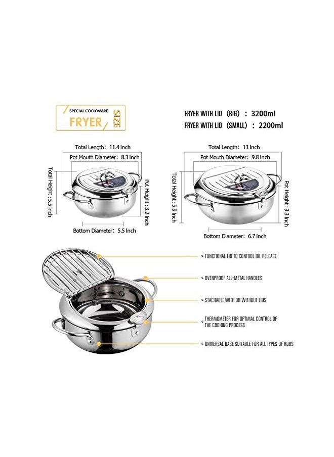 Fryer Pot,304 Stainless Steel Tempura Frying Pot With Thermometer And Oil Drip Drainer Rack Lid for Turkey Legs, Chicken Wings, French Fries (Siver)