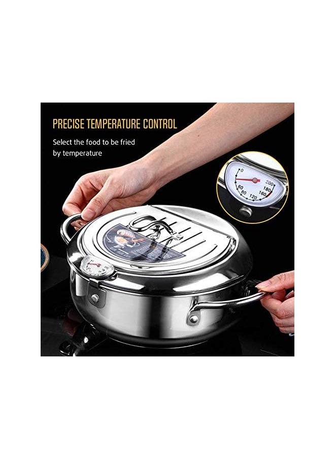 Fryer Pot,304 Stainless Steel Tempura Frying Pot With Thermometer And Oil Drip Drainer Rack Lid for Turkey Legs, Chicken Wings, French Fries (Siver)