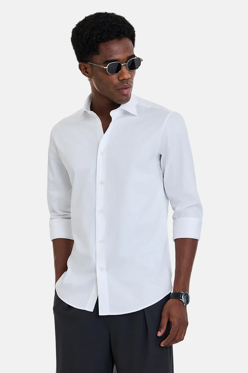 سنيتش White Textured Long Sleeve Slim Fit Shirt