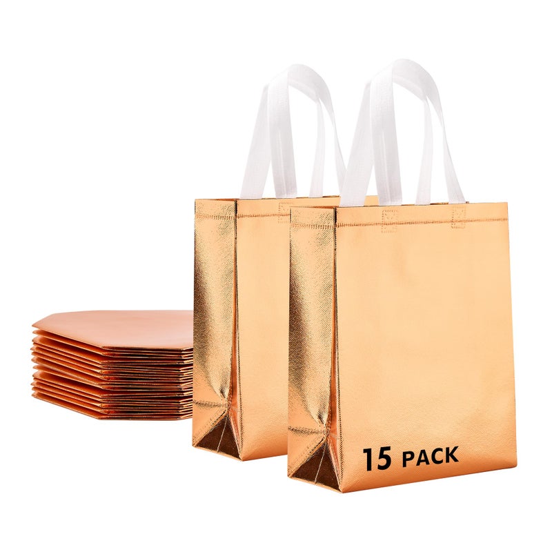 RACETOP 15 Pcs Rose Gold Reusable Gift Bags Bulk, 8x4x10 Inch Elegant Non-woven Sparkle Gift Bags for Birthday, Wedding, Party Favors, Fashion Accessories Packaging - Image 1