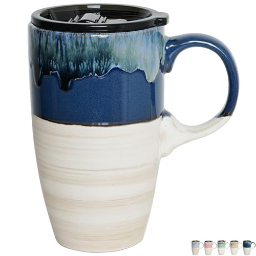 Bosmarlin Ceramic Travel Coffeel Mug with Handle and Lid 18 oz Portable Coffee Cup for Car Cup Holder Microwave and Dishwasher Safe Reactive Glaze Deep Blue - Image 1