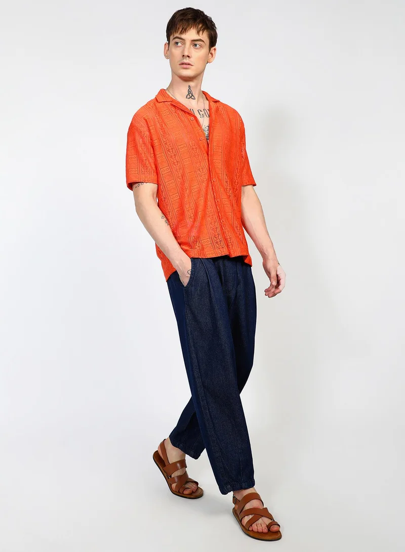 Campus Sutra Men's Tangerine Orange Oversized Geometric Shirt