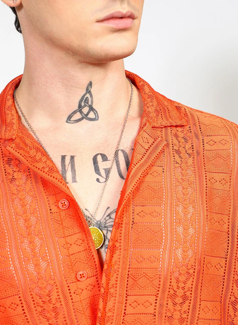 Campus Sutra Men's Tangerine Orange Oversized Geometric Shirt