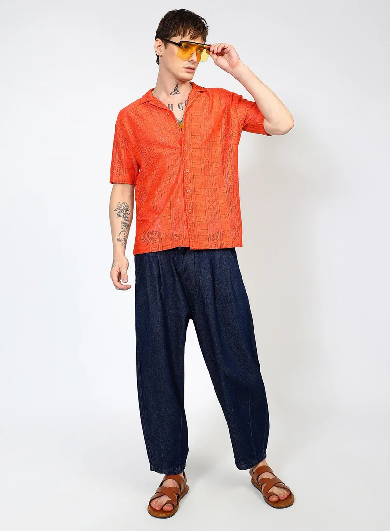 Campus Sutra Men's Tangerine Orange Oversized Geometric Shirt