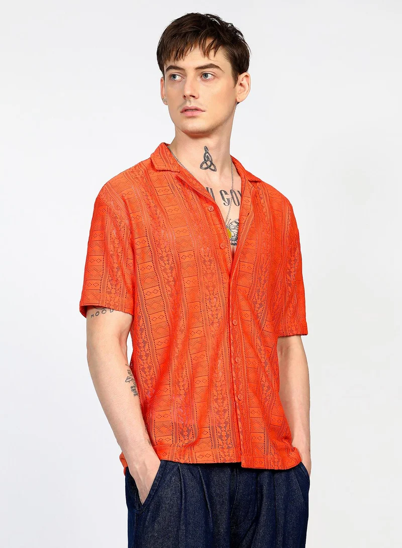 Campus Sutra Men's Tangerine Orange Oversized Geometric Shirt