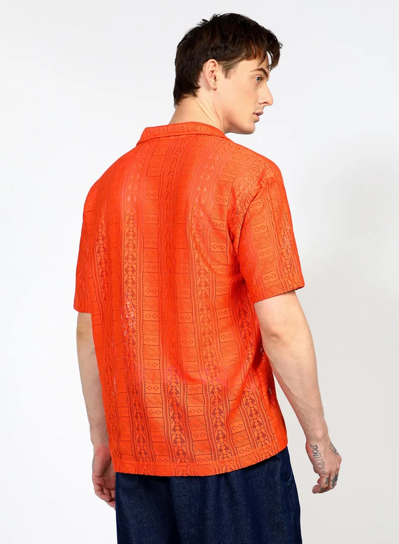 Campus Sutra Men's Tangerine Orange Oversized Geometric Shirt