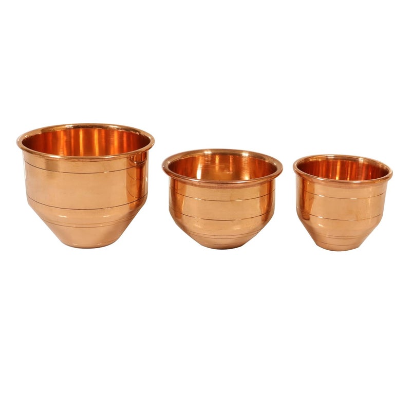 Putrika Copper Marakkal Rice Measuring Pot Padi UzhakkuChangazhi Measuring Vessel for Paddy and Grainsnira para VesselBowl for Home and KitchenWeight 415gm Height3inchMarakka Set of 3 Copper - Image 3