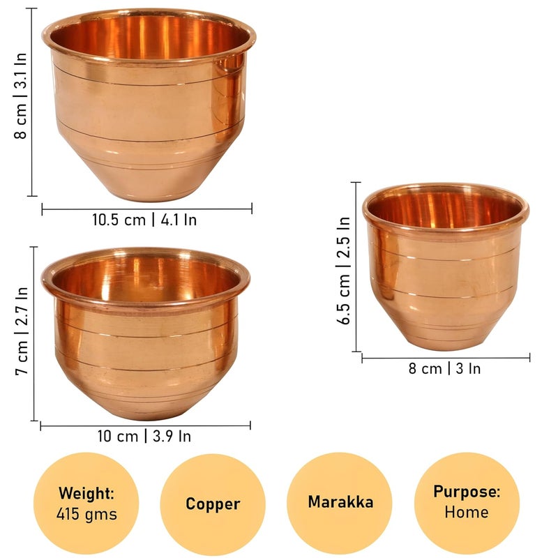 Putrika Copper Marakkal Rice Measuring Pot Padi UzhakkuChangazhi Measuring Vessel for Paddy and Grainsnira para VesselBowl for Home and KitchenWeight 415gm Height3inchMarakka Set of 3 Copper - Image 5