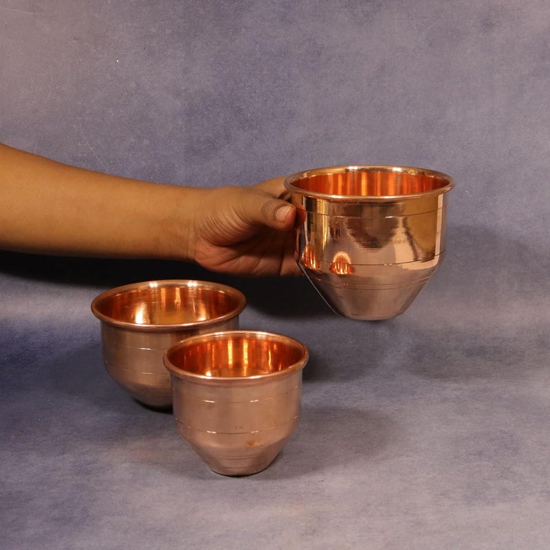 Putrika Copper Marakkal Rice Measuring Pot Padi UzhakkuChangazhi Measuring Vessel for Paddy and Grainsnira para VesselBowl for Home and KitchenWeight 415gm Height3inchMarakka Set of 3 Copper - Image 4