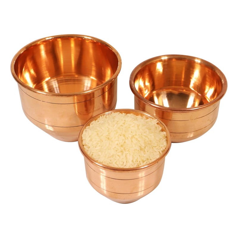 Putrika Copper Marakkal Rice Measuring Pot Padi UzhakkuChangazhi Measuring Vessel for Paddy and Grainsnira para VesselBowl for Home and KitchenWeight 415gm Height3inchMarakka Set of 3 Copper - Image 2