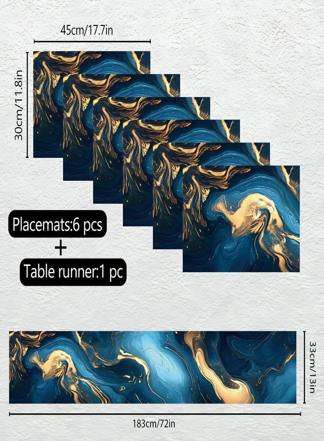 THISFIND 7-Piece Elegant Blue & Gold Marble Table Runner and Placemat Set – Abstract Art Design – Includes 1 Table Runner (13"x72") & 6 Placemats (12"x18") – Modern Dining Table Decor - Image 2