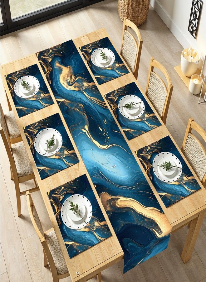 THISFIND 7-Piece Elegant Blue & Gold Marble Table Runner and Placemat Set – Abstract Art Design – Includes 1 Table Runner (13"x72") & 6 Placemats (12"x18") – Modern Dining Table Decor - Image 1