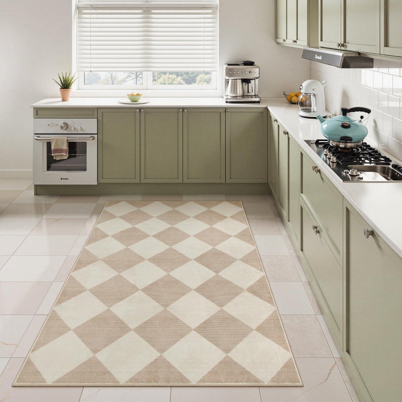 Beeiva Checkered Print 3x5 Washable Area Rug for Bedroom, Non Slip Ultra Thin Beige Entryway Rug Non Shedding Kitchen Rug 3x5, Modern Checkerboard Carpet Plaid Decor for Bathroom Office Nursery - Image 3