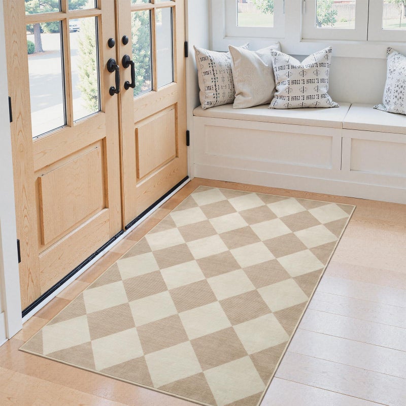 Beeiva Checkered Print 3x5 Washable Area Rug for Bedroom, Non Slip Ultra Thin Beige Entryway Rug Non Shedding Kitchen Rug 3x5, Modern Checkerboard Carpet Plaid Decor for Bathroom Office Nursery - Image 2