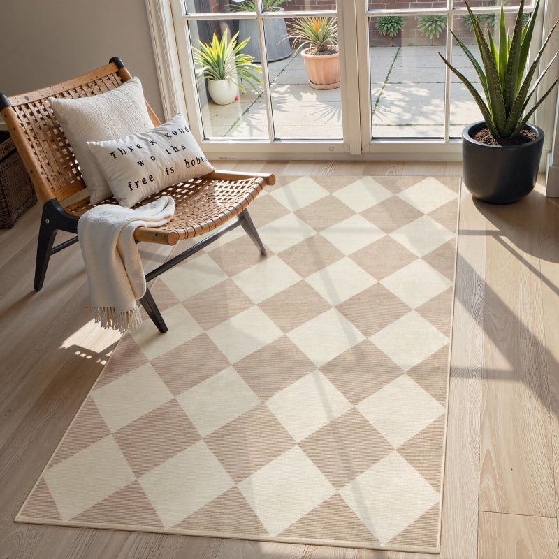Beeiva Checkered Print 3x5 Washable Area Rug for Bedroom, Non Slip Ultra Thin Beige Entryway Rug Non Shedding Kitchen Rug 3x5, Modern Checkerboard Carpet Plaid Decor for Bathroom Office Nursery - Image 1