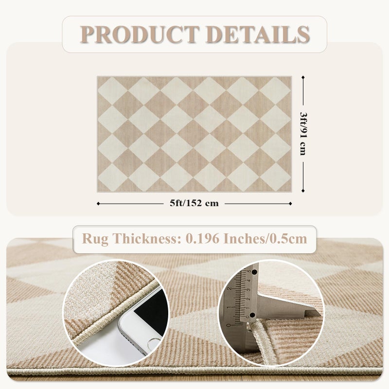 Beeiva Checkered Print 3x5 Washable Area Rug for Bedroom, Non Slip Ultra Thin Beige Entryway Rug Non Shedding Kitchen Rug 3x5, Modern Checkerboard Carpet Plaid Decor for Bathroom Office Nursery - Image 5