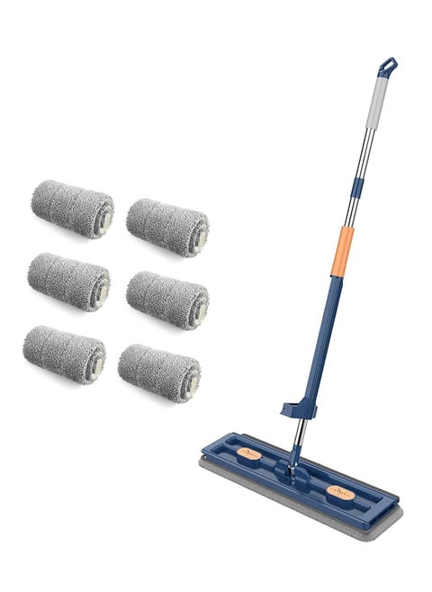 Microfiber Spin Mop, Large Flat Mop with Dewatering Scraper, Wall Mop with Long Handle, Self Wringing 360° Rotating Mop-Head with 6 Washable Mop Pads for Tile, Wood (Blue)