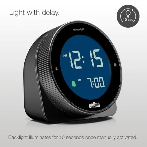 Braun Digital Alarm Clock with Snooze, Negative LCD Display, Rotating Bezel for Quick time Setting, Crescendo Beep Alarm in Black, Model BC24B. - Image 4