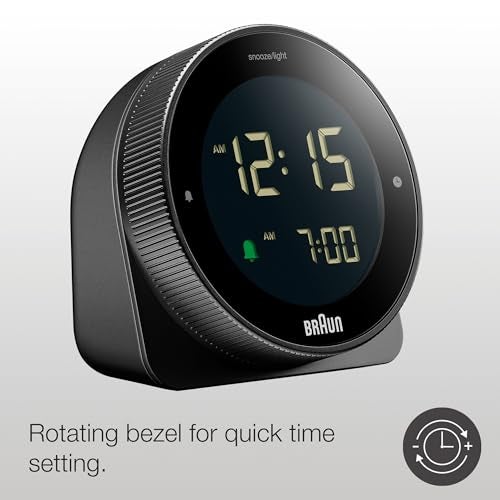 Braun Digital Alarm Clock with Snooze, Negative LCD Display, Rotating Bezel for Quick time Setting, Crescendo Beep Alarm in Black, Model BC24B. - Image 2