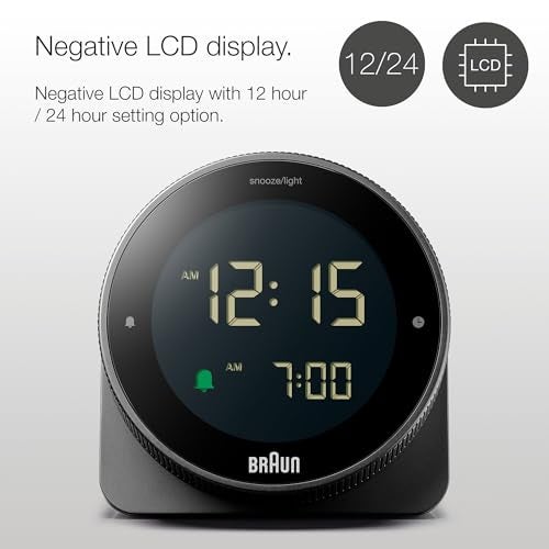 Braun Digital Alarm Clock with Snooze, Negative LCD Display, Rotating Bezel for Quick time Setting, Crescendo Beep Alarm in Black, Model BC24B. - Image 5