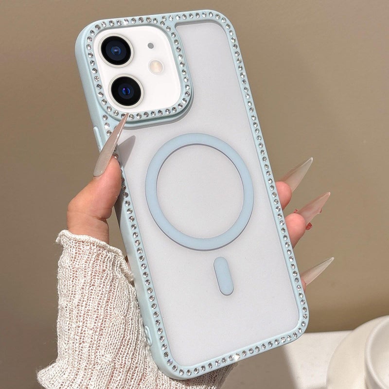 HuHa Protective Cover For iPhone 11 Large Lens Hole Rhinestone Frame MagSafe Phone Case(Blue) - Image 1