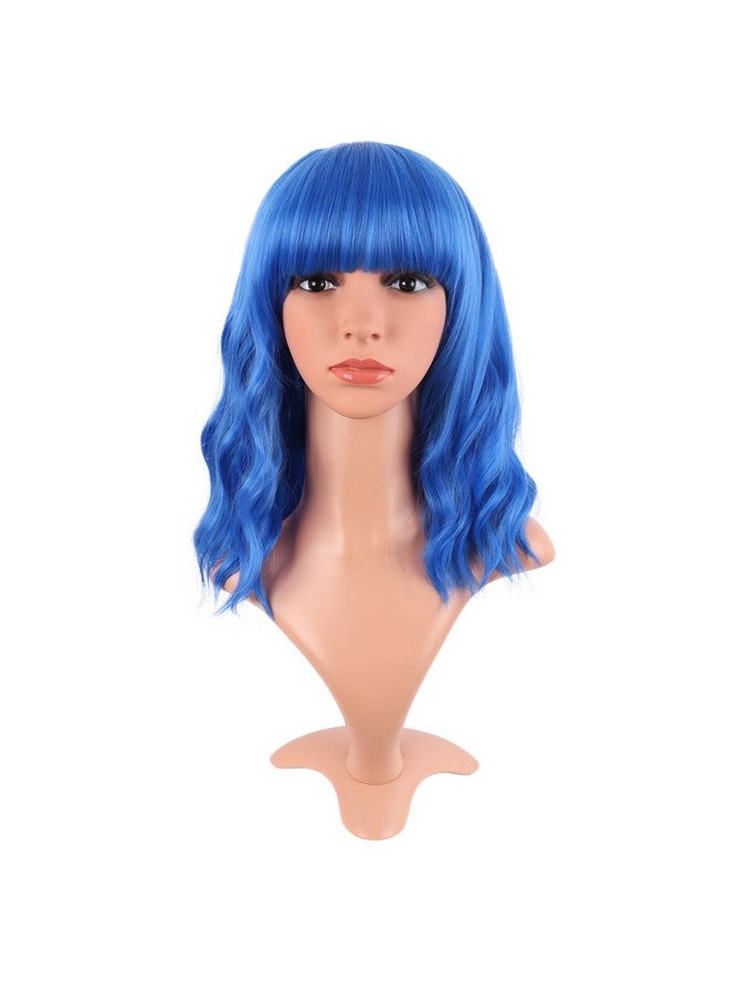 MapofBeauty 14 Inch35 Cm Short Wavy Curly Women Fresh Bright Synthetic Ordinary Flat Bangs Bob Wig (Blue)  - Image 1