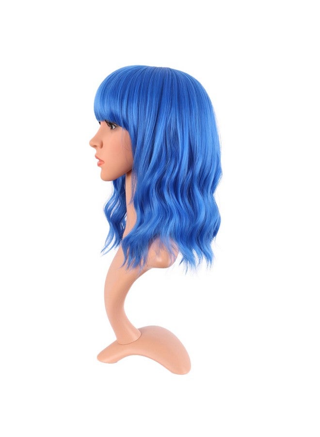 MapofBeauty 14 Inch35 Cm Short Wavy Curly Women Fresh Bright Synthetic Ordinary Flat Bangs Bob Wig (Blue)  - Image 3
