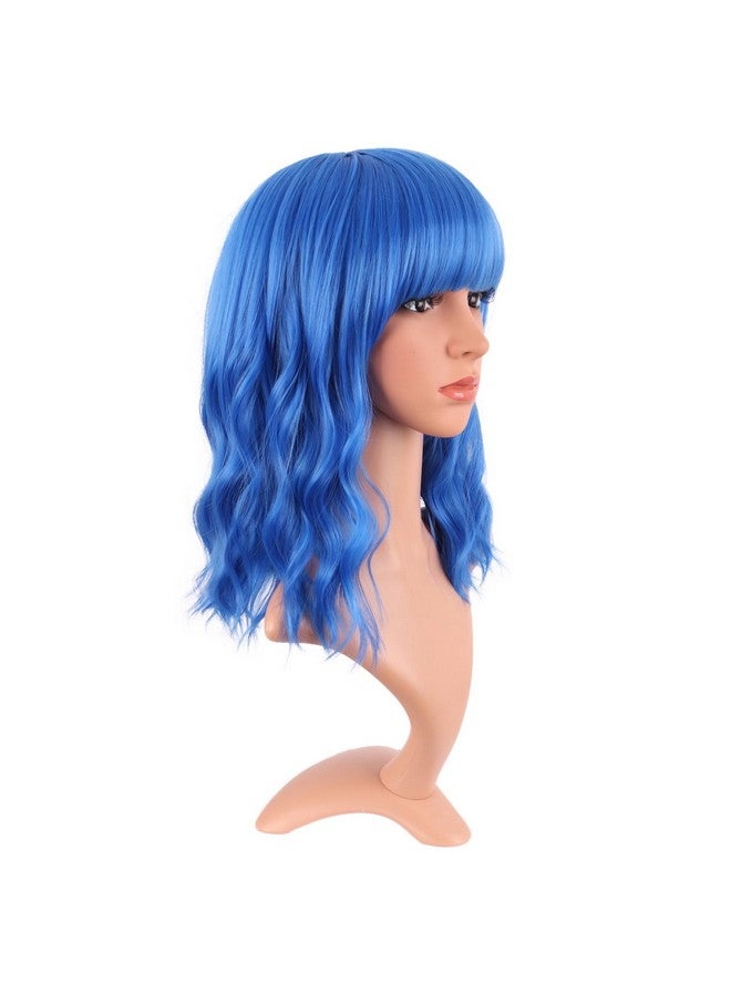 MapofBeauty 14 Inch35 Cm Short Wavy Curly Women Fresh Bright Synthetic Ordinary Flat Bangs Bob Wig (Blue)  - Image 2