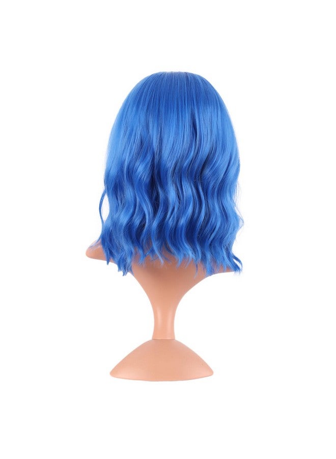 MapofBeauty 14 Inch35 Cm Short Wavy Curly Women Fresh Bright Synthetic Ordinary Flat Bangs Bob Wig (Blue)  - Image 4